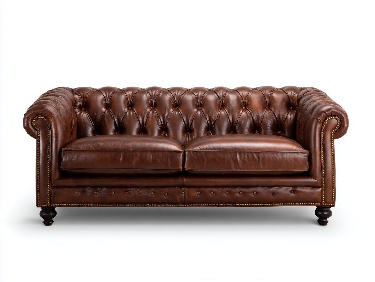 Sofás 2 plazas tapizado 180x90x78 cm - marrón - diseño Chesterfield con capitoné y brazos enrollados