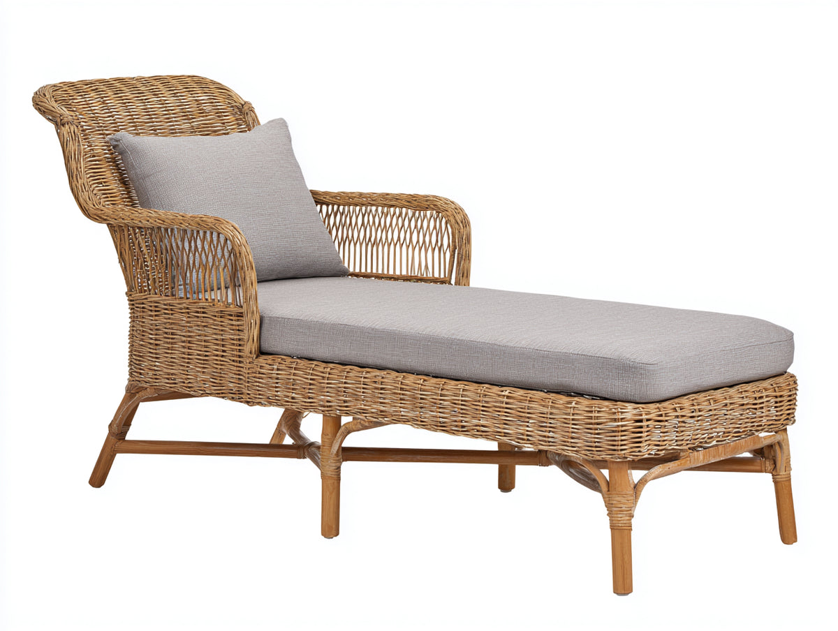 Tumbonas de ratán 195x78x92 cm - Marrón natural-Gris claro - Diseño con reposabrazos y asiento acolchado