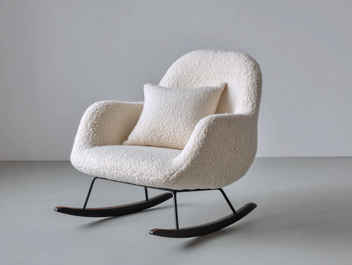 Mecedoras tapizadas 80x90x95 cm - blanco crema-negro - tejido bouclé y base curva de madera