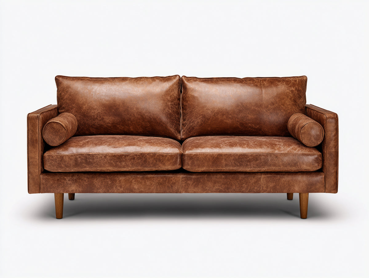 Sofás 2 plazas de cuero 185 x 90 x 85 cm - Marrón - Sofá de líneas rectas con patas de madera y estilo vintage