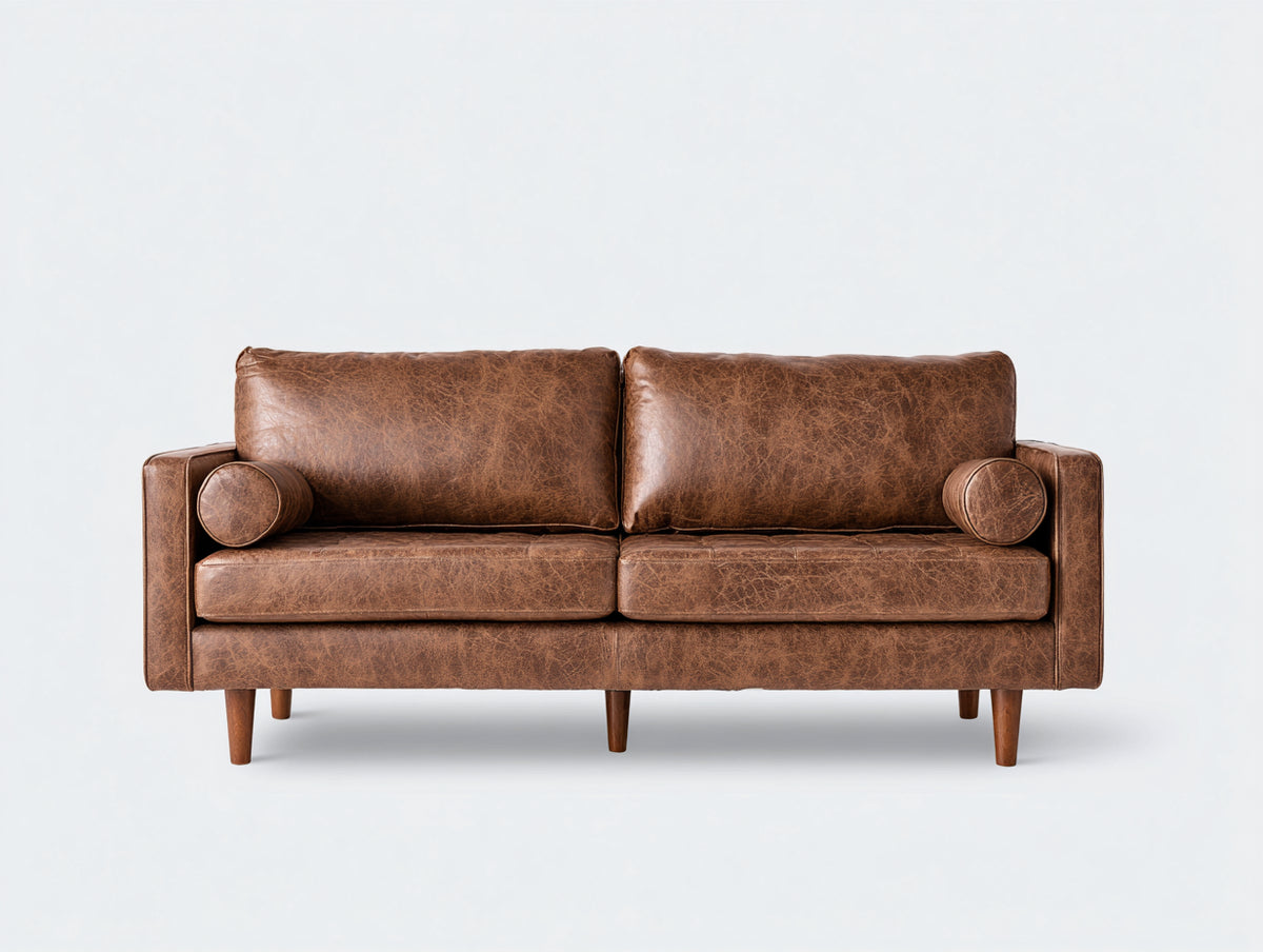 Sofás 2 plazas de cuero 180x85x80 cm - marrón coñac - estilo vintage y patas de madera