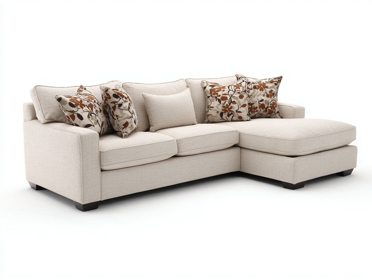 Sofás de esquina tapizados 280x165x86 cm - Beige claro - Diseño moderno con chaise longue y asiento amplio
