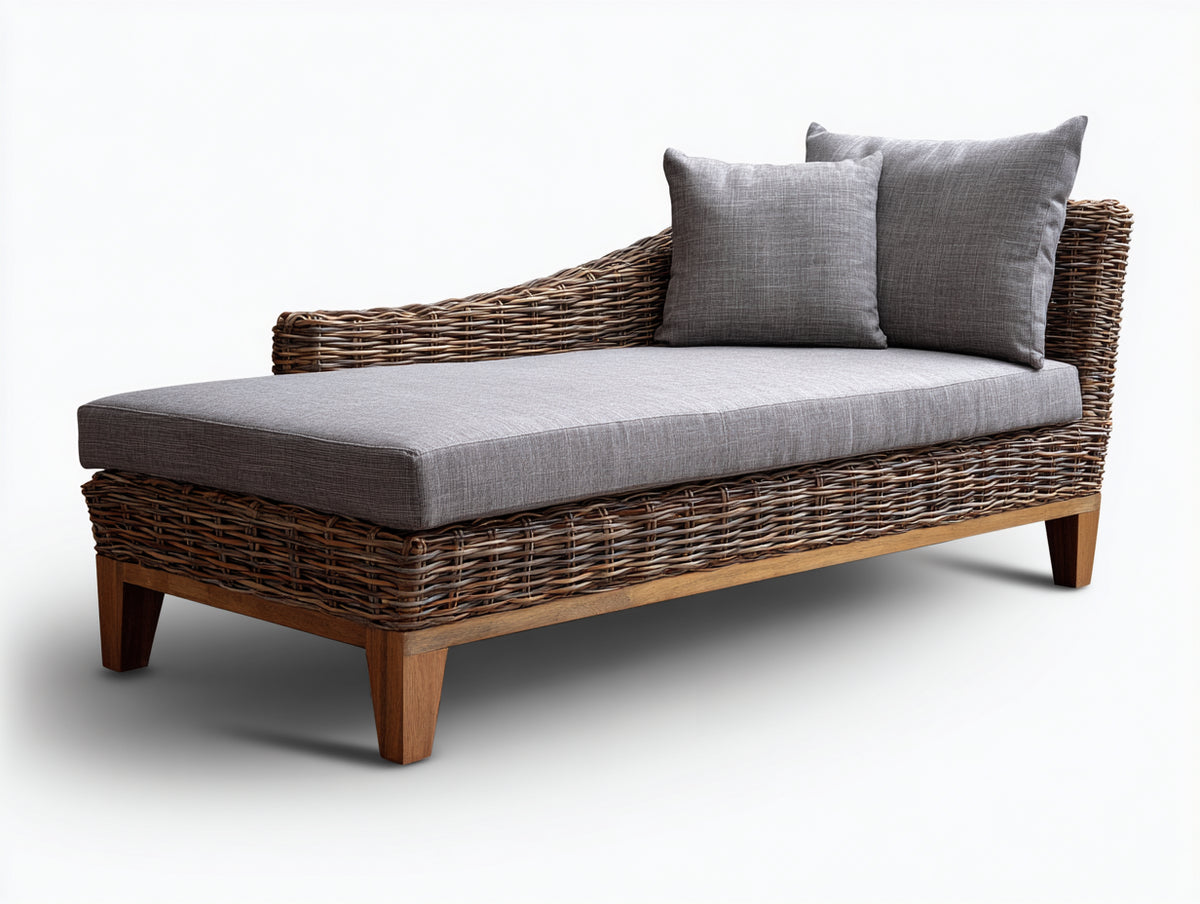 Tumbonas de ratán y madera 180 x 75 x 80 cm - marrón y gris - tumbona acolchada con respaldo lateral