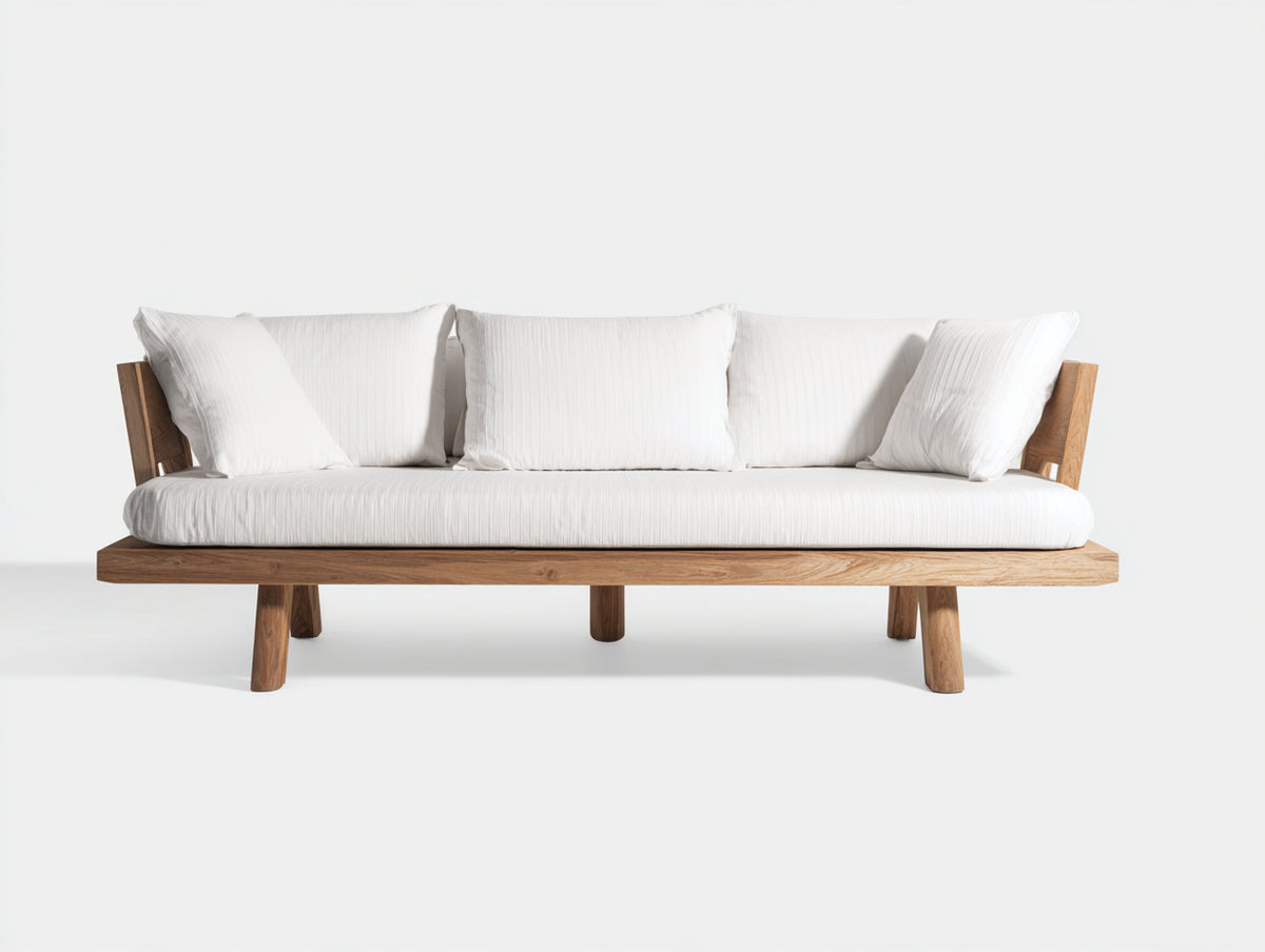 Sofás de exterior de madera 240 x 90 x 78 cm - Natural y blanco - Sofá de 3 plazas con diseño abierto y estilo contemporáneo