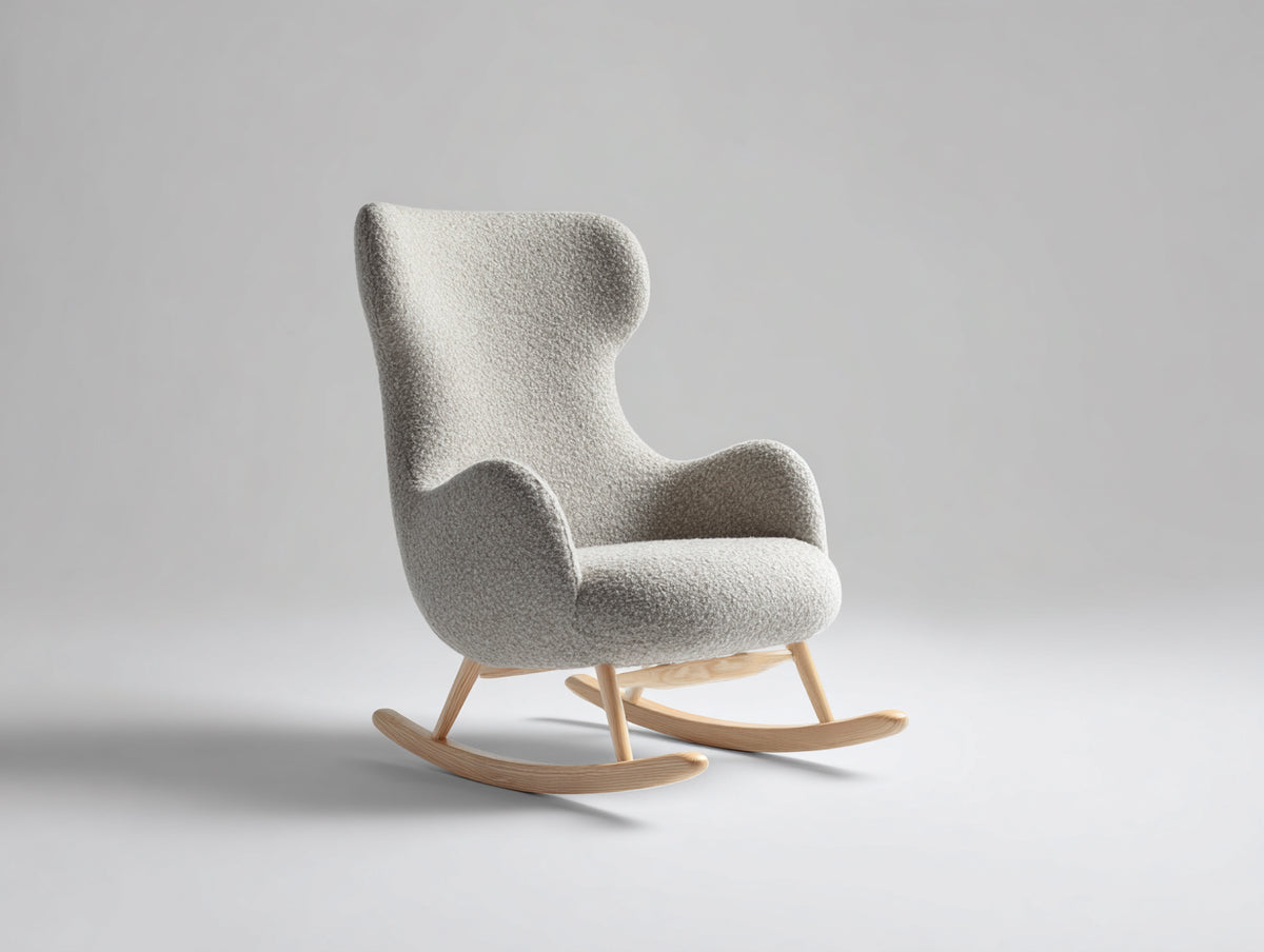 Mecedoras tapizadas de tejido bouclé 76 x 92 x 108 cm - beige y madera natural - mecedora con respaldo alto y base curva
